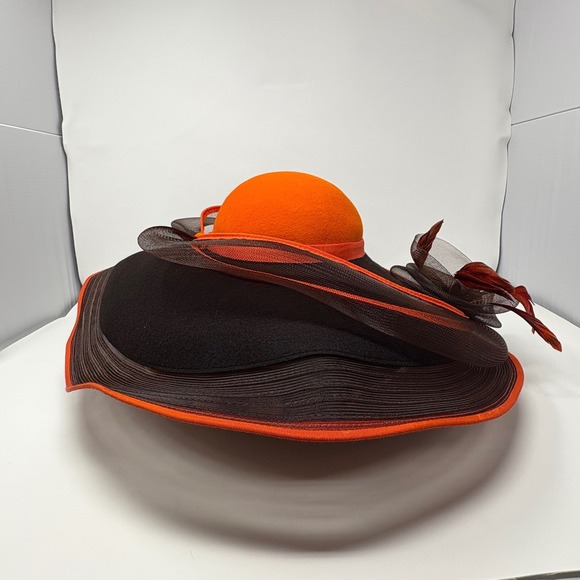 Bellini New York Accessories - Vintage Bellini New York 100% Wool Felt Derby Church Hat Orange Black Wide Brim